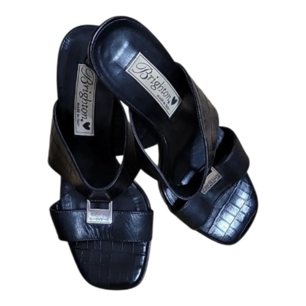 Brighton Ryan Black Croc Embossed Leather Sandals Square Toe Sz 6